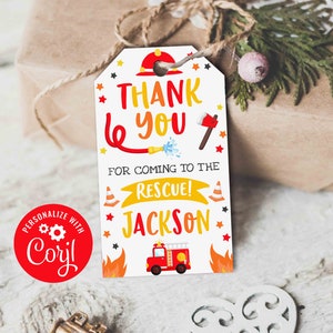 Firetruck Favor Tag Firetruck Birthday Gift Tag Firefighter Fire Birthday Tag Fireman Birthday Thank You Tag Instant Editable Corjl File X4