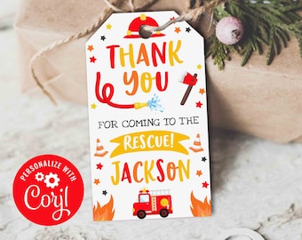 Firetruck Favor Tag Firetruck Birthday Gift Tag Firefighter Fire Birthday Tag Fireman Birthday Thank You Tag Instant Editable Corjl File X4