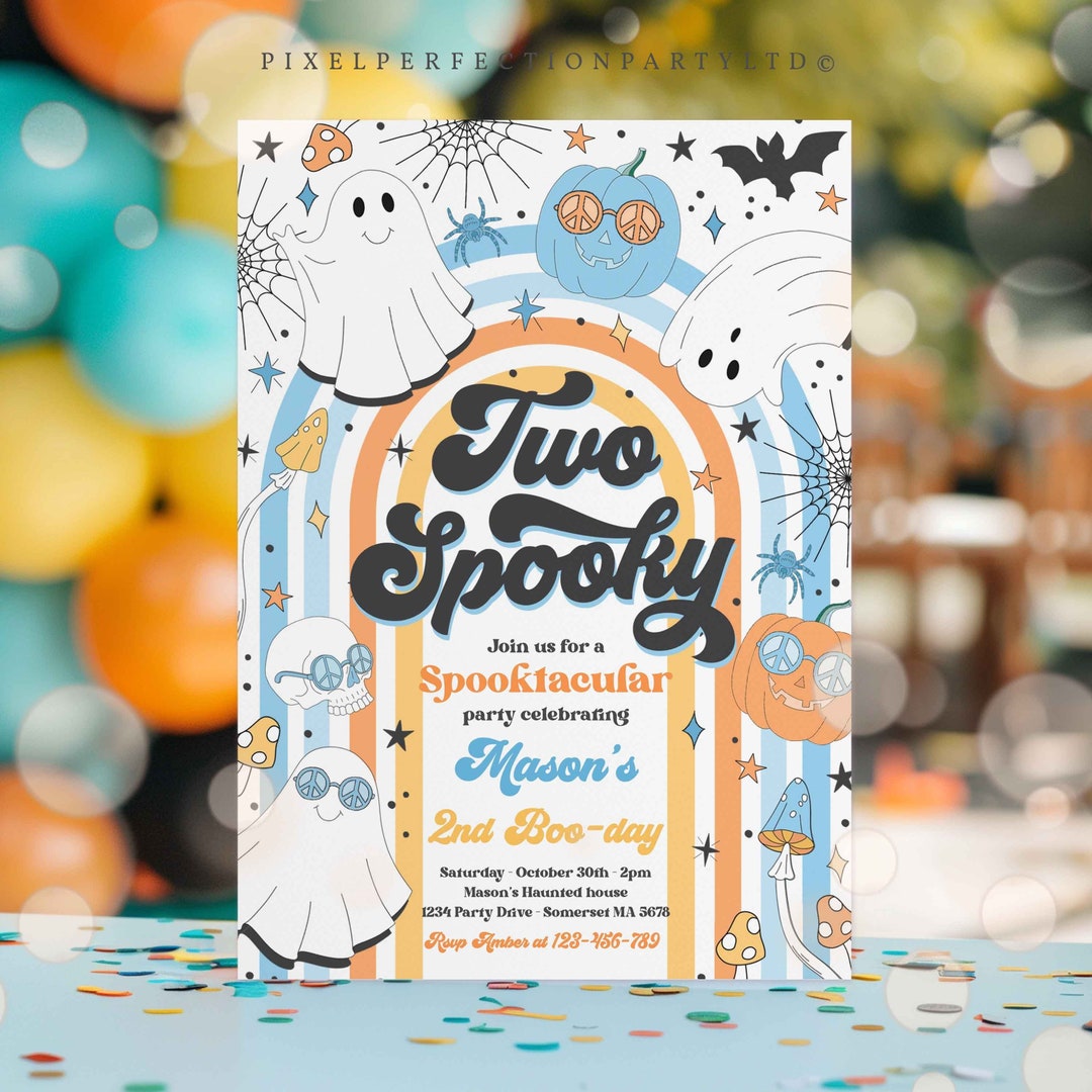 Editable Two Spooky Halloween Ghost 2nd Birthday Invitation Retro ...