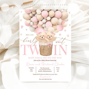 Editable Twin Teddy Bear Hot Air Balloon Baby Shower Invitation Twin Girl Pink Teddy Bear Baby Shower We Can Bearly Wait Instant Download 5H