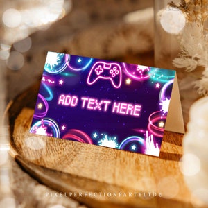 Editable Video Game Birthday Folded Place Cards Neon Gamer Birthday Game On Level Up Birthday Glow Gamer Party Decor Instant Download KN