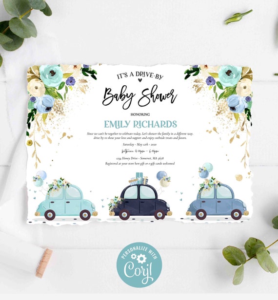 Editable Blue Floral Gold Drive By Baby Shower Parade Invitation Drive