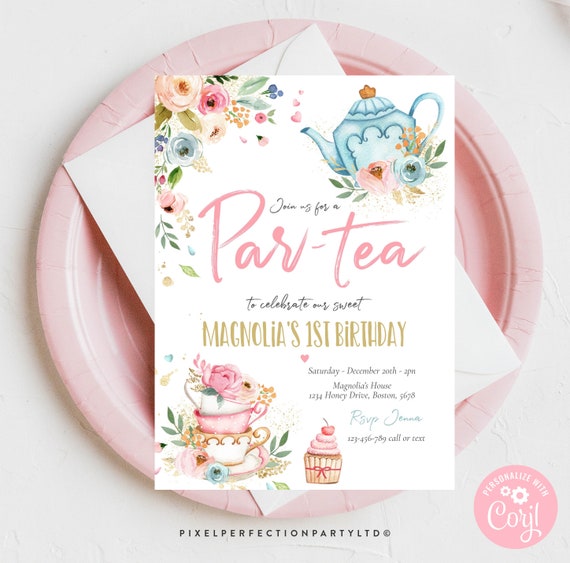 Editable Tea Party Birthday Invitation Pink & Gold Floral Par-Tea Birthday Invite Pink Gold Floral Whimsical Tea Party Instant Download TR Il_570xn