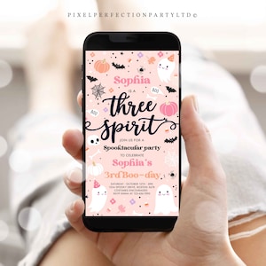 Editable Three Spirit Halloween Ghost 3rd Birthday Party Evite Invitation Cute Pink Ghost Electronic Text Message Invite Instant Download DS