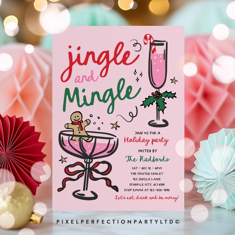 Editable Jingle and Mingle Christmas Party Invitation Pink Red Hand