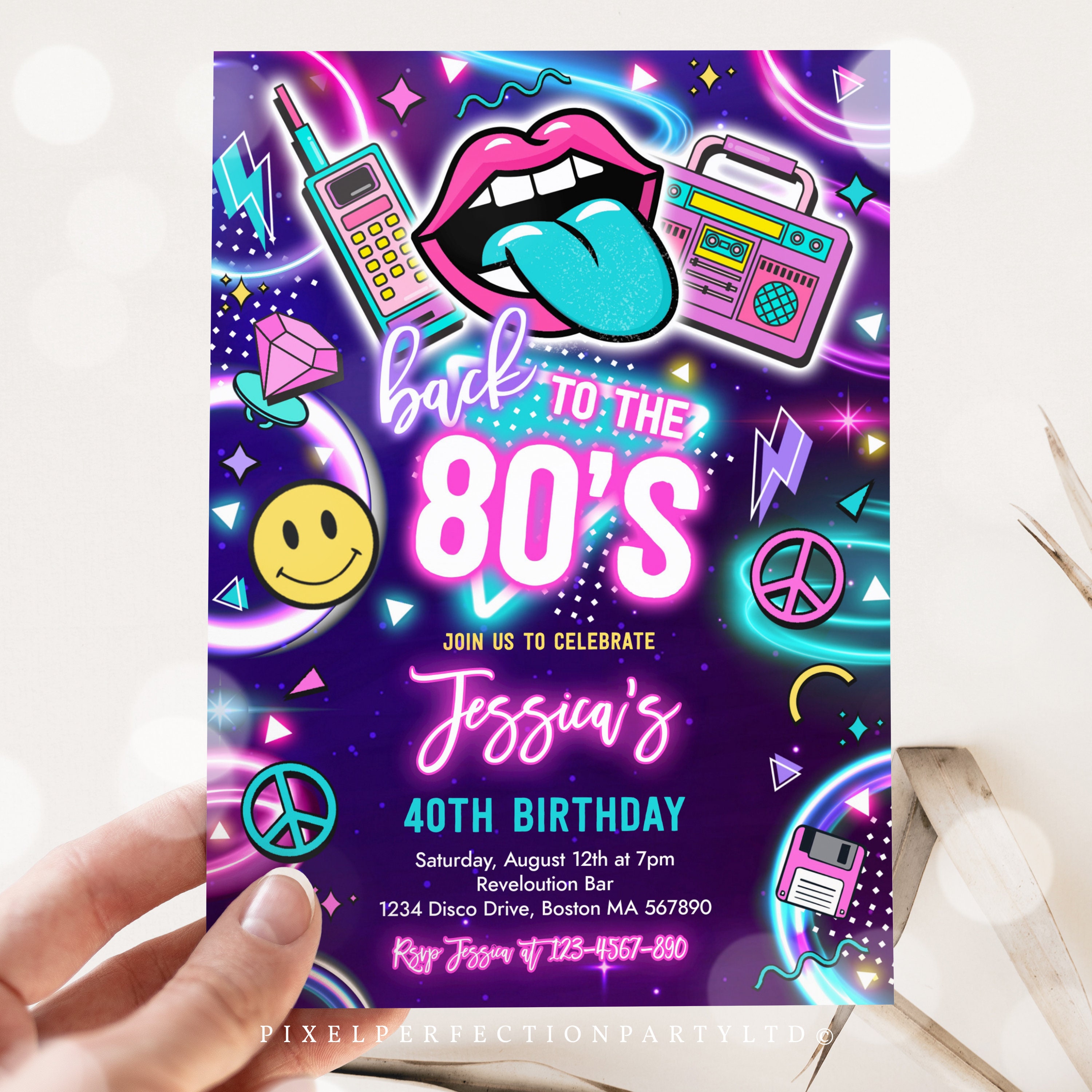 Editable 80s Birthday Party Invitation Back to the 80s Neon Etsy Hong