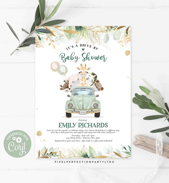 Editable Safari Drive By Baby Shower Invitation Greenery & Gold Gender Neutral Safari Baby Shower Drive Thru Sprinkle Instant Download BG Il_570xn