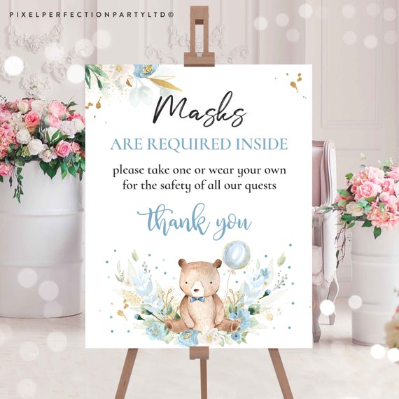Teddy Bear Baby Shower Table Sign Masks Are Required Sign We Can Bearly Wait Baby Shower Signs Blue Floral Boy Teddy Bear Baby Shower TB Il_570xn