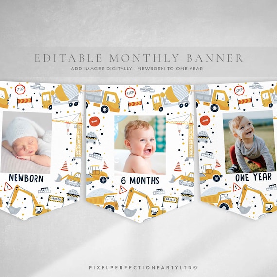 Editable Construction Monthly One Year Banner Dump Truck Digger Excavator Construction Birthday Party Monthly Banner Instant Download AC Il_570xn