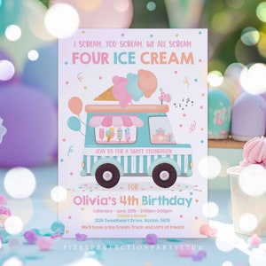 以下が含まれることがあります： アイスクリームトラックをテーマにした4歳の誕生日パーティーのカラフルな招待状。招待状には、ピンク、ブルー、グリーンの色の漫画のアイスクリームトラックが描かれています。招待状のテキストは、「私は叫ぶ、あなたは叫ぶ、私たちは皆叫ぶ、4つのアイスクリーム。甘いお祝いに参加してください。オリビアの4歳の誕生日。土曜日、6月20日、午後2時00分〜3時00分、オリビアの家、1234 Sweetheart Drive、ボストン、5678。アイスクリームトラックとたくさんのご褒美があります！ 」です。