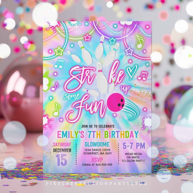 Editable Bowling Invitation Tie Dye Bowling Birthday Party Invite Glow Bowling Party Neon Glow Tie Dye Bowling Party Instant Download OO image 2