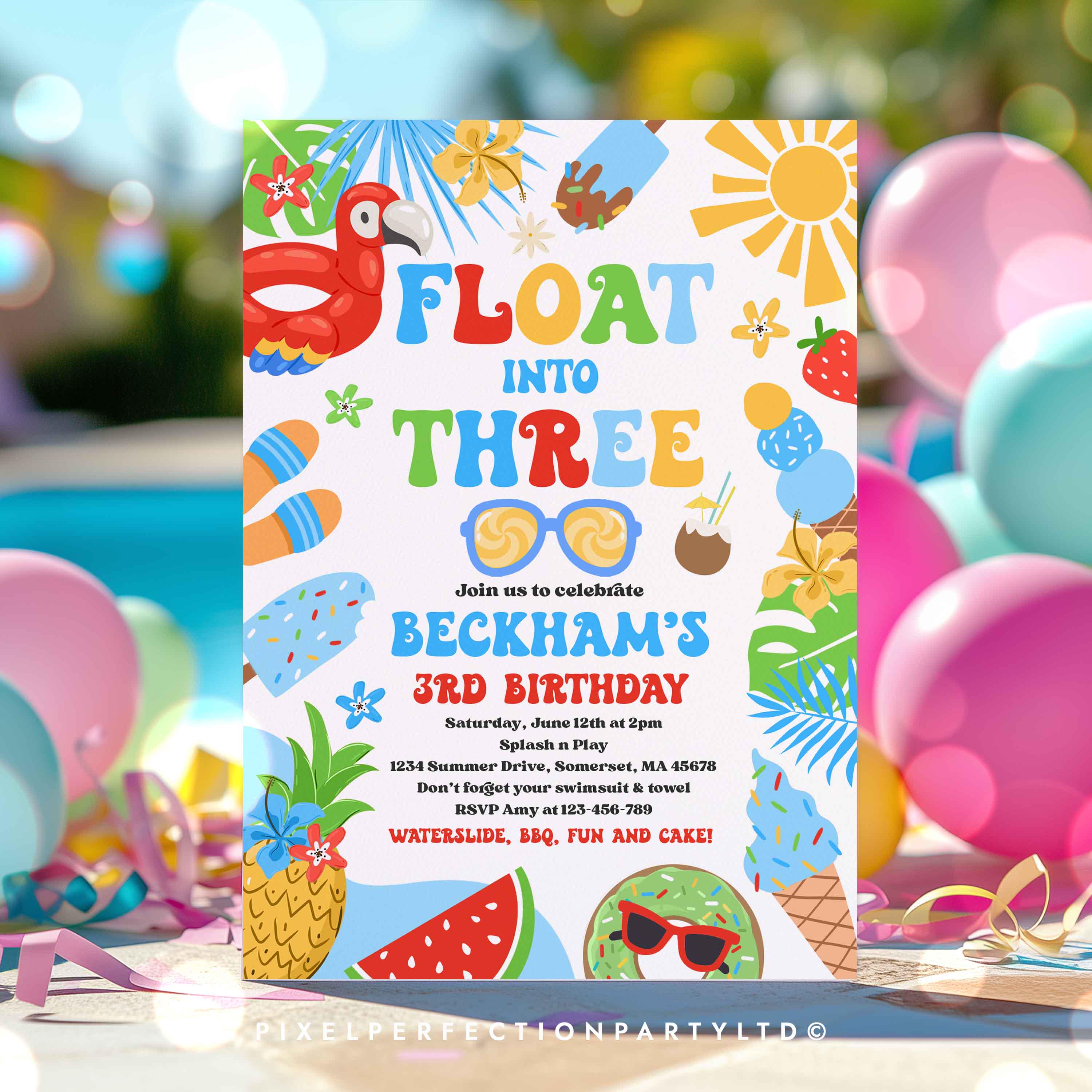 Floating Invite Editable Float Into Five 5th Birthday Pool Party Invitation Tropical ...