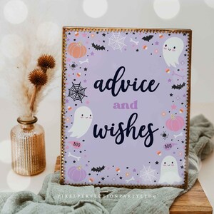 Ghost Baby Shower Advice And Wishes Sign Halloween Purple Cute Ghost Baby Shower A Little Boo Is Due Decor Instant Download T4