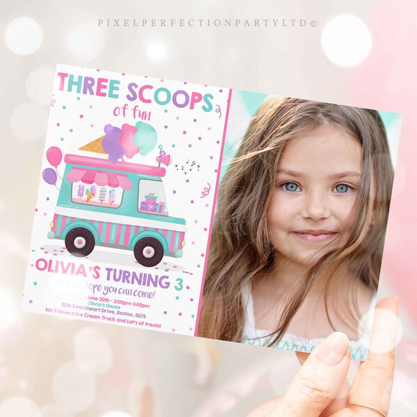 Editable Ice Cream Truck Three Scoops Of Fun 3rd Birthday Party Invitation Ice Cream 3rd Birthday Three Scoops Of Fun Instant Download WV