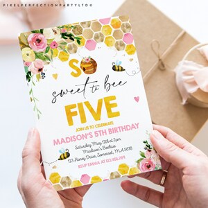 Editable Bee Birthday Invitation Honey Bee Birthday Party Pink Yellow Floral Bumble Bee Party So Sweet To Bee Five Party Instant Download BH image 2