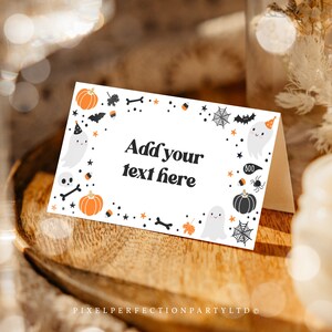 Editable Orange Halloween Ghost Folded Place Cards Neutral Ghost Spooky Party Spooktacular Halloween Birthday Favors Instant Download G8