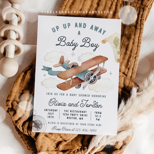Editable Airplane Baby Shower Invitation Up Up and Away Airplane Baby Shower Vintage Travel Adventure Baby Shower Instant Download 96Y