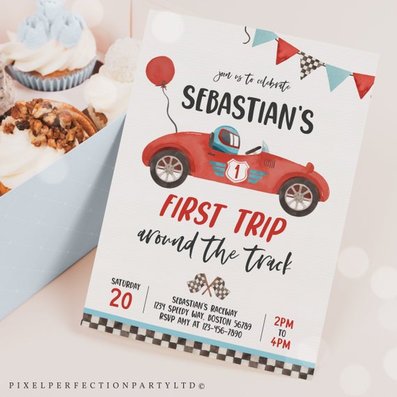 Editable Race Car 1st Birthday Invitation First Trip Around The Track Boy Vintage Red Race Car 1st Birthday Party Instant Download VR Il_570xn