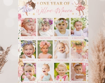 Editable Fairy Baby's First Year Photo Poster Milestone Daisy 1st Year Photo Collage Fairy Party 12 Month Photo Banner Instant Download SF