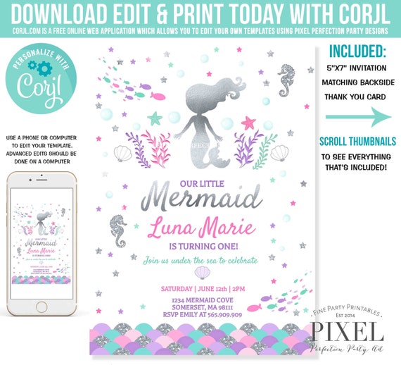 Mermaid Birthday Invitation Mermaid Birthday Party Invitation Whimsical Mermaid Under The Sea Party Instant Download Editable File 7F Il_570xn