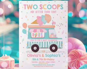 May include: A colorful invitation for a birthday party with a cartoon ice cream truck. The invitation says "Two Scoops Are Better Than One!" and is for Olivia's and Sophia's 5th and 7th birthday. The party is on Saturday, June 20th from 2:00pm to 3:00pm at Jessica's House, 1234 Sweetheart Drive, Boston, 5678. The invitation says "We'll enjoy lots of sweet treats."