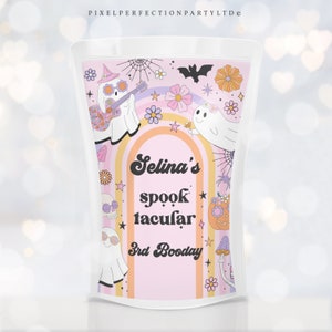 Editable Spooky Halloween Ghost Birthday Juice Pouch Labels Retro Groovy Rainbow Ghost Birthday Hippie Halloween Party Instant Download V6