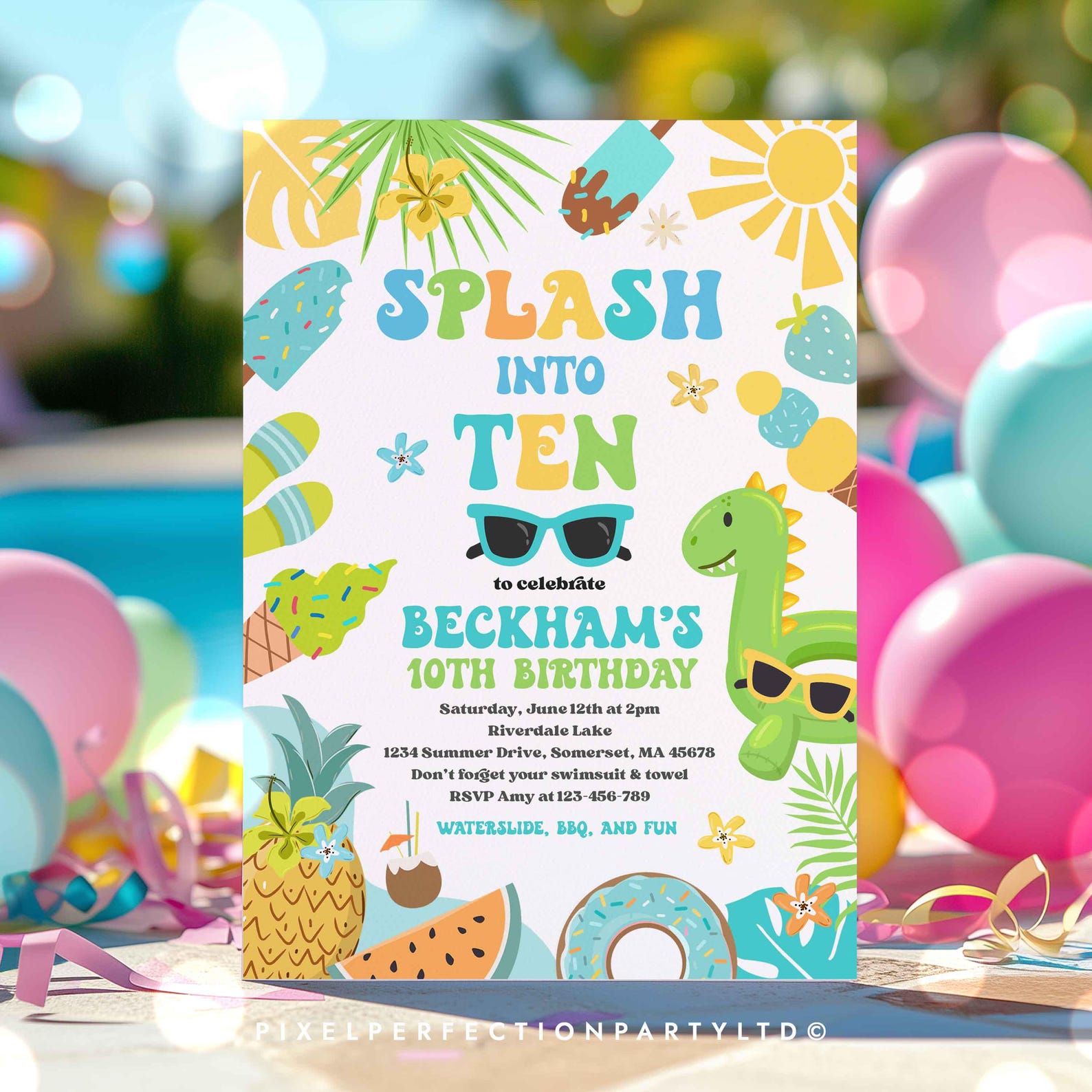 Editable Splash Into Ten 10th Birthday Pool Party Invitation Tropical ...