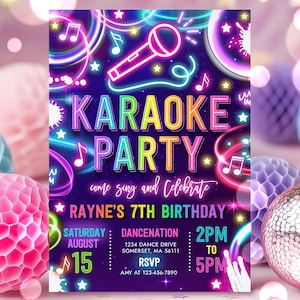 Editable Karaoke Birthday Party Invitation Neon Glow Karaoke Birthday Party Neon Singing Music Birthday Glow Party Instant Download TR1