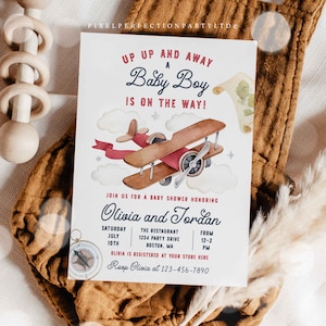 Editable Airplane Baby Shower Invitation Up Up and Away Airplane Baby Shower Vintage Travel Adventure Baby Shower Instant Download 97Y