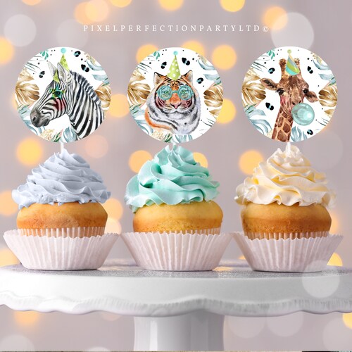 Party Animal Cupcake Toppers Blue Safari Wild One Cupcake Etsy