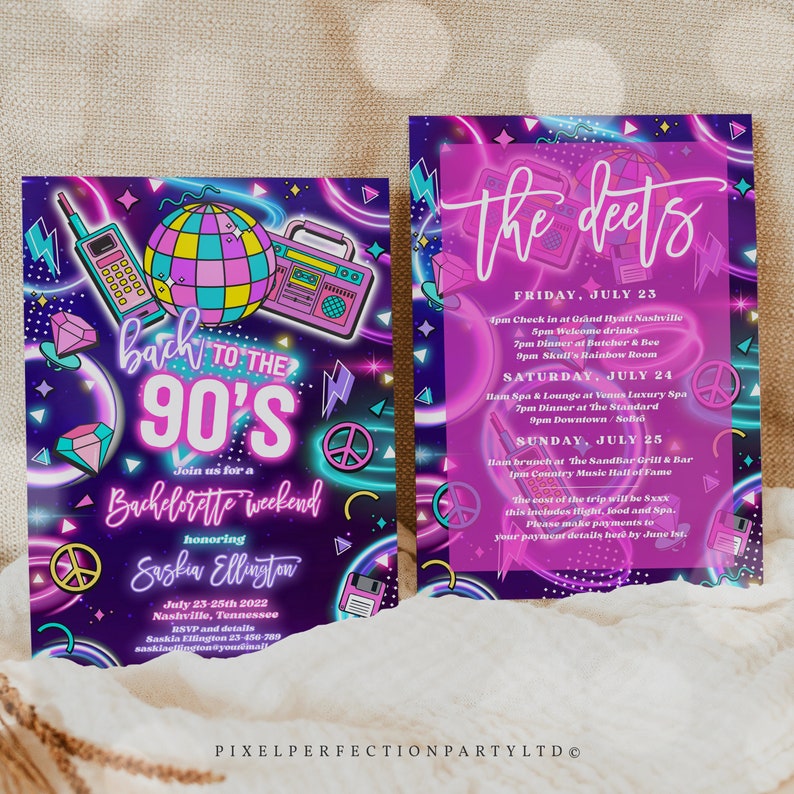 Editable 90s Bachelorette Weekend Invitation And Itinerary Back To The 90s Neon Retro Rewind 1990s 2000s Y2K Bachelorette Instant File Y7 bild 2