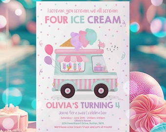 Editable Ice Cream Truck Birthday Invitation I scream You Scream We All Scream Four Ice Cream 4th Birthday Party Invite Instant Download YU