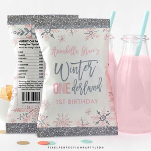 WINTER ONEderland Chip Bag Pink & Silver Snowflake ONEderland Chip Bag Party Favor Winter ONEderland Party Instant Download Editable H0