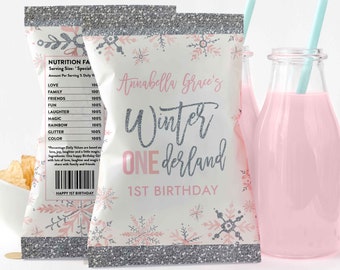 WINTER ONEderland Chip Bag Pink & Silver Snowflake ONEderland Chip Bag Party Favor Winter ONEderland Party Instant Download Editable H0