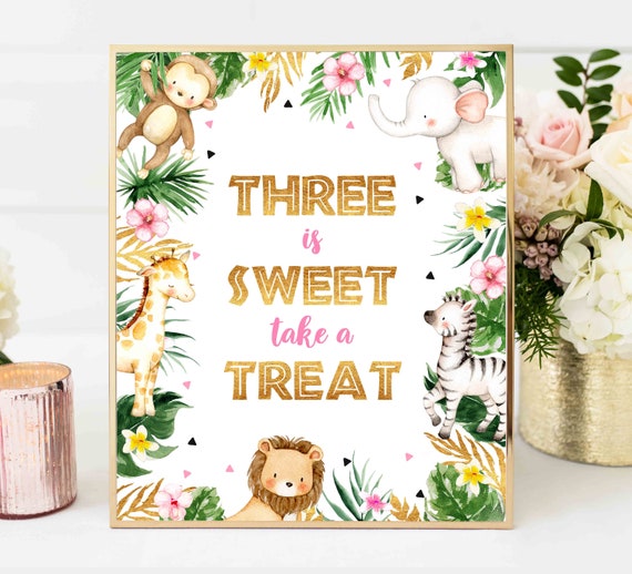 Three Is Sweet Safari Table Sign Pink & Gold Jungle Animals Table Sign Gold Animal Jungle 3rd Birthday Party Decor Instant Download Sign 25 Il_570xn