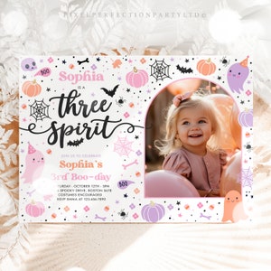Editable Three Spirit Halloween Ghost 3rd Birthday Party Invitation Cute Pink Ghost 3rd Birthday Spooktacular Party Instant Download F6