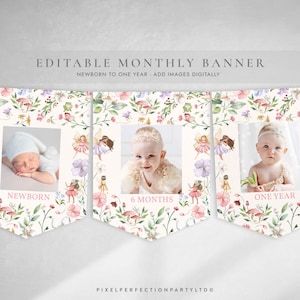 Editable Fairy Birthday Party Monthly Banner Enchanted Magical Floral Fairy Princess Birthday Party 1st Year Photo Instant Editable File SF