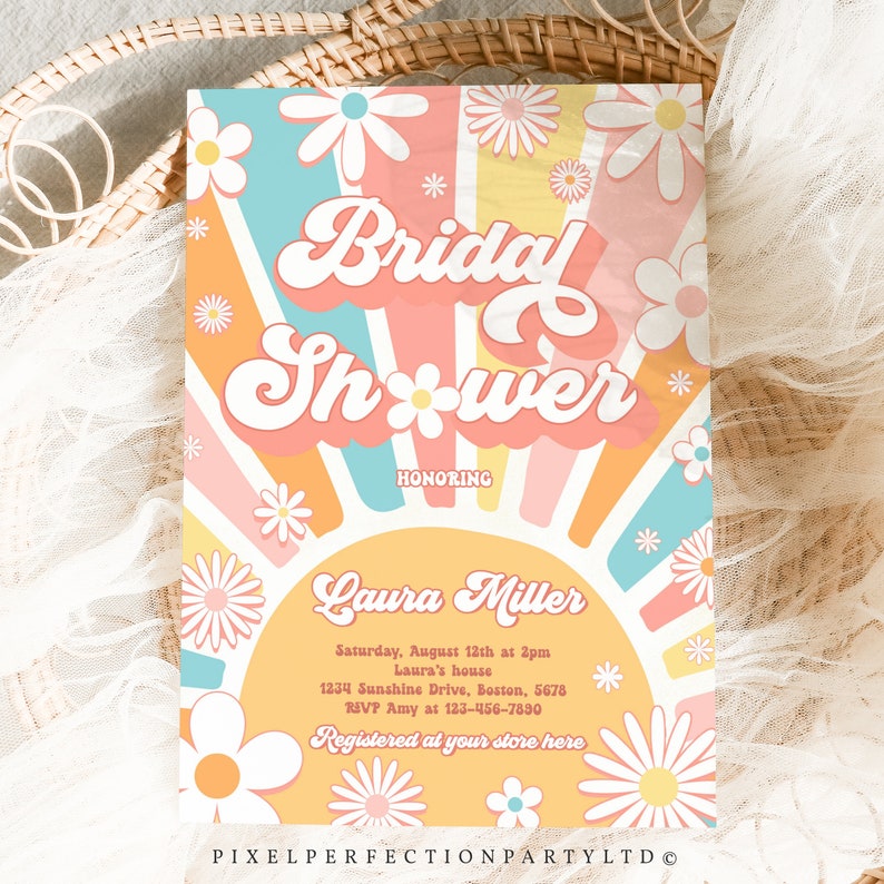 Editable Retro Bridal Shower Invitation Retro Bohemian Hippie Vibes Daisy 70s Flower Power Bridal Shower Invitation Instant Download 4R6 画像 1