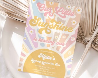 Editable Our Little Sunshine 1st Birthday Retro Daisy Rainbow Sunshine 1st Trip Around The Sun Birthday Party Instant Download JN