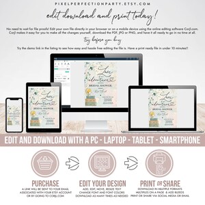 Puede incluir: Invitaci&oacute;n de ducha nupcial editable e imprimible con un fondo de acuarela que presenta un globo terr&aacute;queo, maletas y flores. El texto dice "Love is an adventure Bridal Shower".
