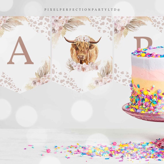 Editable Highland Cow Birthday Party Banner Cow Birthday Party Garland Boho Pampas Cow Bunting Holy Cow Decor Instant Download Editable K4 Il_570xn