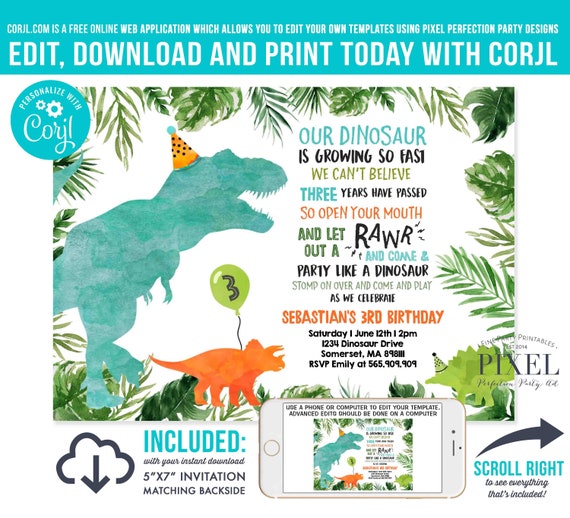 Dinosaur Invitation Dinosaur Birthday Invitation Boy Dinosaur Party T-Rex Party Dinosaur Birthday Instant Download Editable PDF File 17 Il_570xn