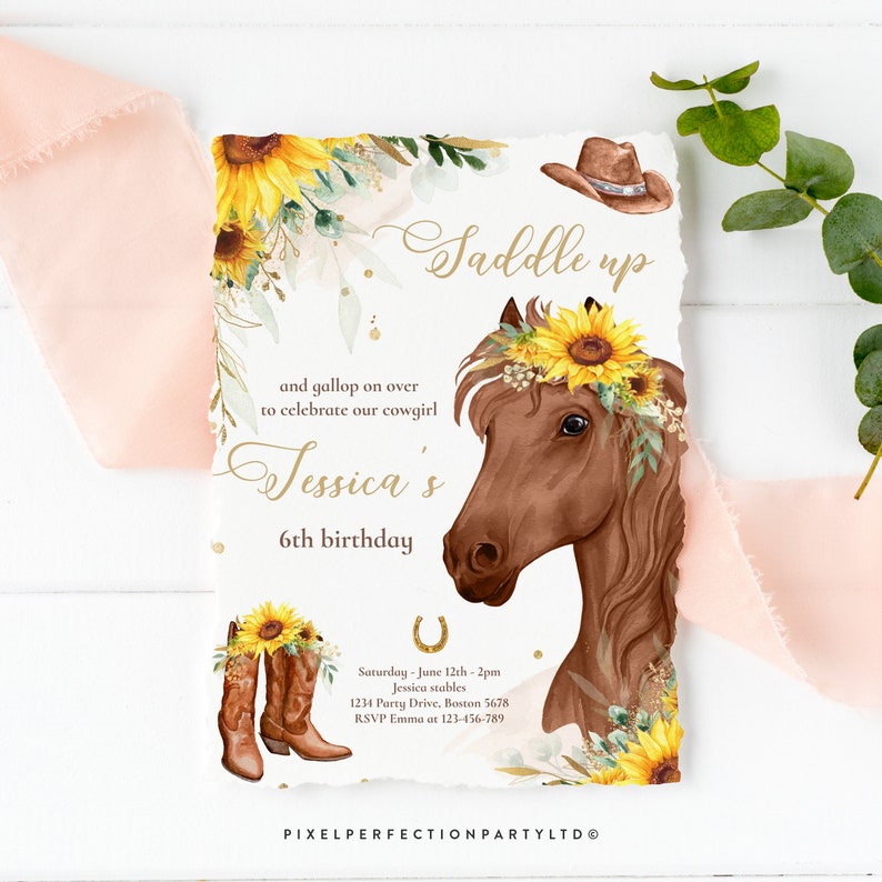 Editable Cowgirl Birthday Invitation Horse Birthday Party Invitation Sunflower And Greenery Floral Cowgirl Horse Party