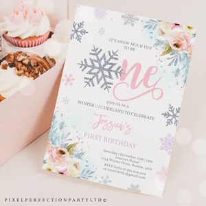 WINTER ONEderland Invitation Pink & Silver Winter ONEderland Invitation Floral Winter ONEderland Party Instant Download Editable Corjl F3