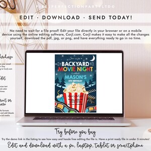 May include: A laptop screen displaying a digital invitation for a backyard movie night birthday party. The design features a popcorn bucket, film strip, and night sky theme with text reading Backyard Movie Night, Mason's 8th Birthday.