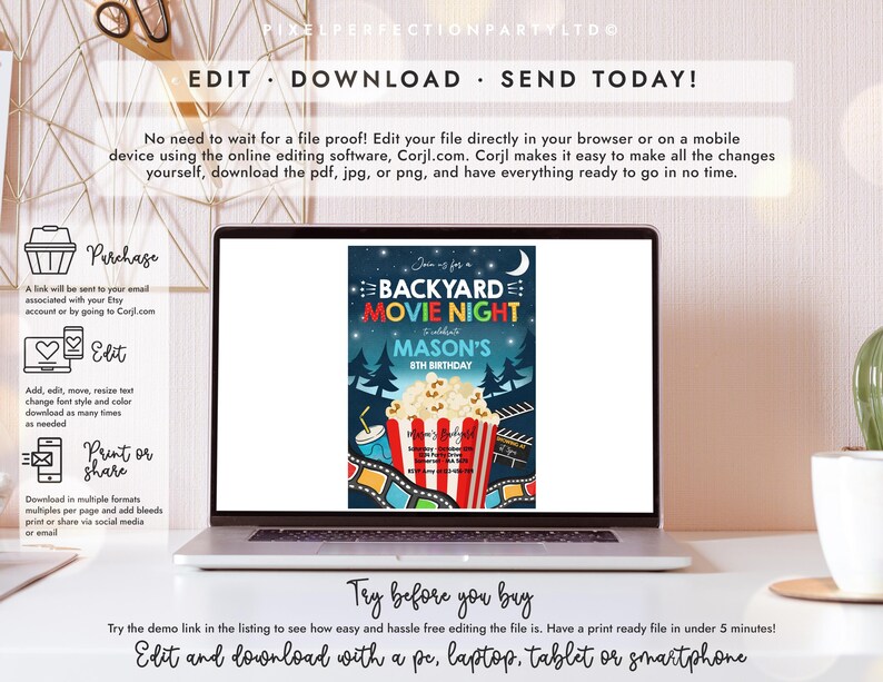 May include: A laptop screen displaying a digital invitation for a backyard movie night birthday party. The design features a popcorn bucket, film strip, and night sky theme with text reading Backyard Movie Night, Mason's 8th Birthday.