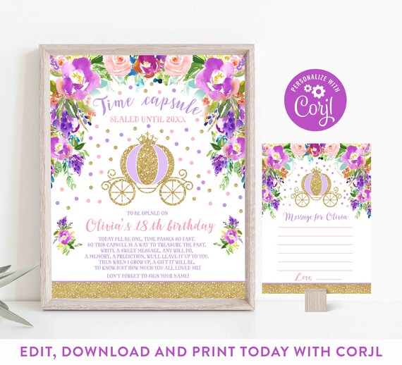 Princess Carriage Time Capsule + Matching Note Card Cinderella Carriage Time Capsule Princess Carriage Party Instant Download Editable N6 Il_570xn