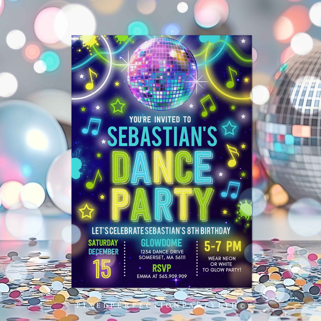 Editable Dance Party Invitation Glow Dance Party Birthday Invitation ...