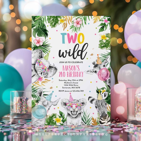 Editable Two Wild Birthday Invitation Safari Animals Invitation Two Wild 2nd Birthday Party Gold Monochrome Jungle Party Instant Download PS