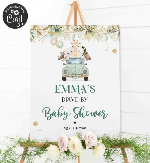 Editable Safari Drive By Baby Shower Welcome Sign Greenery And Gold Safari Animal Drive Through Baby Shower Welcome Sign Instant Download BG Il_570xn